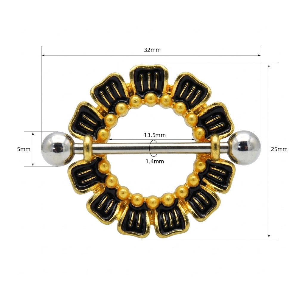 Detailed size chart for the mandala nipple shield, showing a 32mm total width, 25mm height, 13.5mm inner diameter, and a 1.4mm (14G) barbell thickness with 5mm ends.