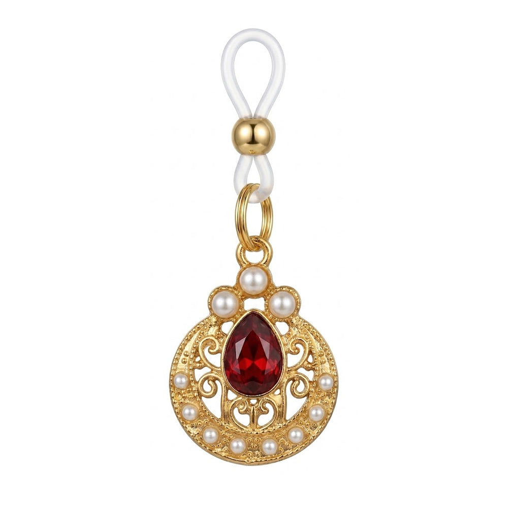 Single vintage-style non-piercing nipple ring with a ruby teardrop and pearl accents.