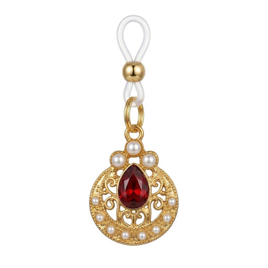 Single vintage-style non-piercing nipple ring with a ruby teardrop and pearl accents.