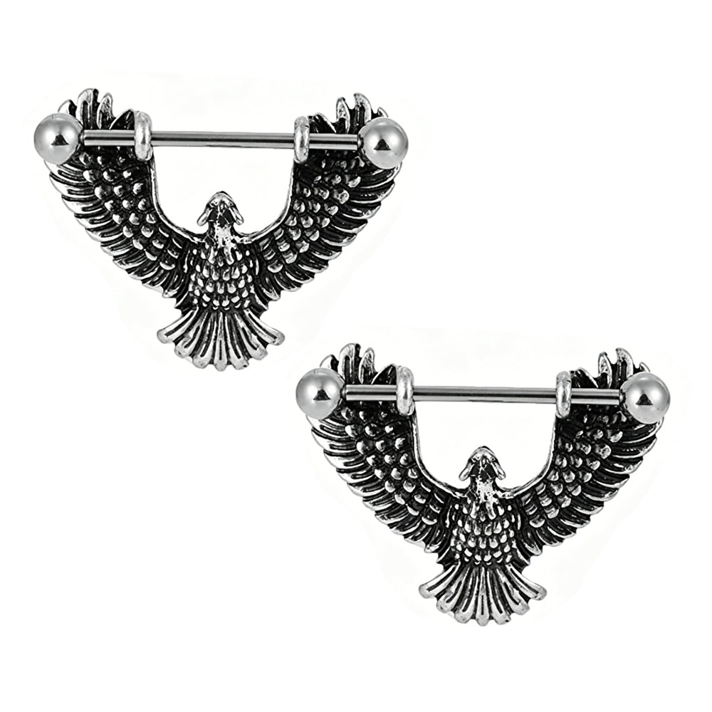 Pair of antique silver gothic eagle nipple rings sold together as a set, made with hypoallergenic F136 titanium bar.
