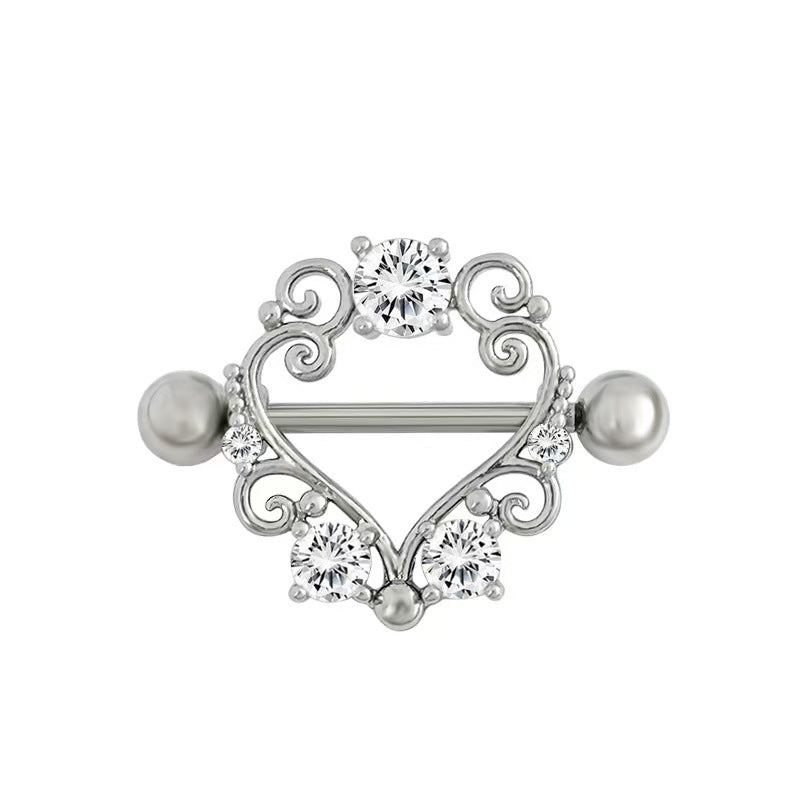 Vintage silver filigree heart nipple shield jewelry with sparkling crystals for Gothic style.
