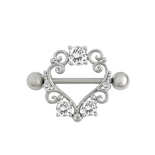 Vintage silver filigree heart nipple shield jewelry with sparkling crystals for Gothic style.