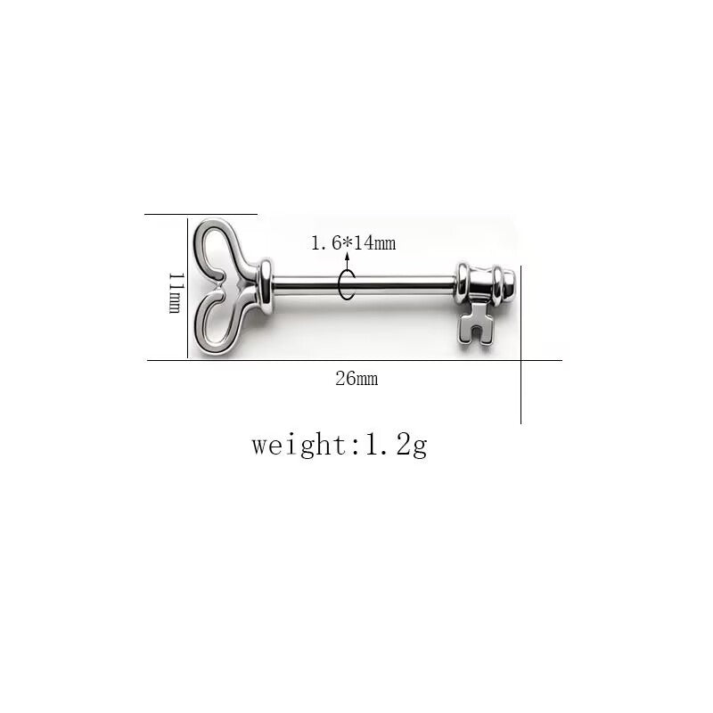 Vintage skeleton key styled nipple straight barbell size breakdown.