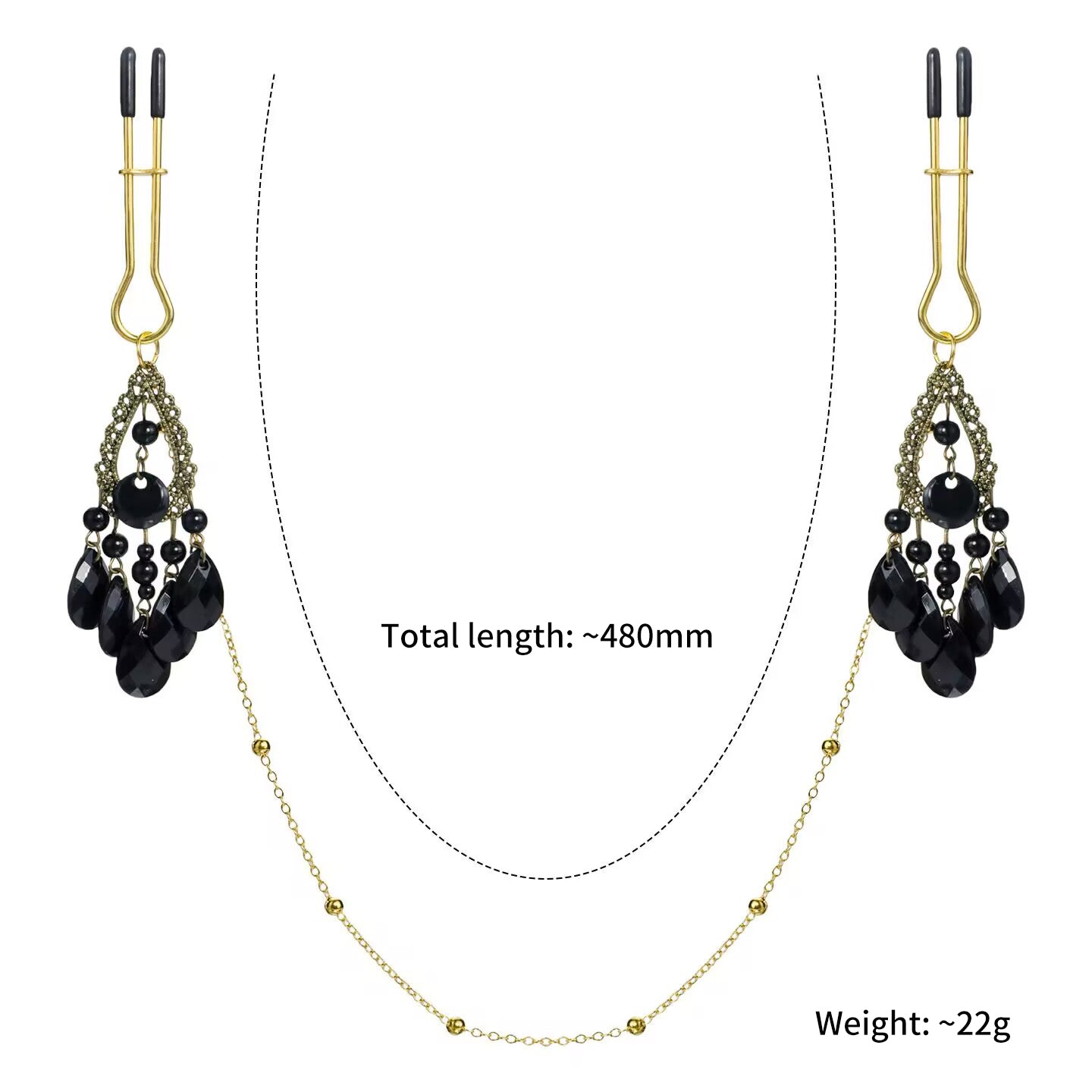 Vintage gold U clamp body jewelry chain featuring dark gothic tassel drops and connecting bead chain.