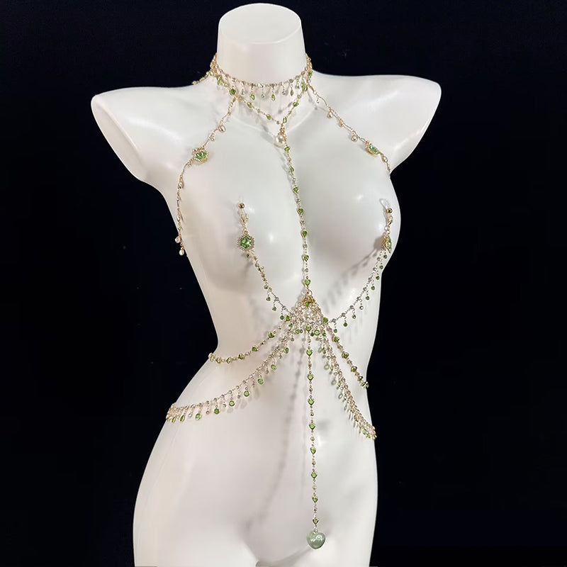 Draped green crystal waist harness body chain with dangling heart charm detail