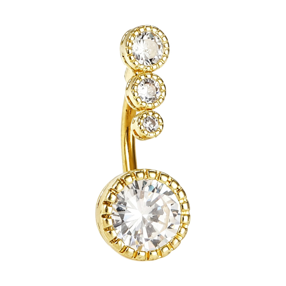 Warm gold finish triple cubic zirconia curved top belly button ring for navel piercing