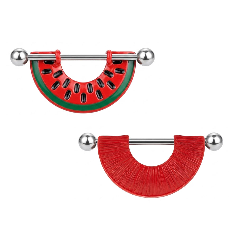 Front and textured back details of the watermelon nipple shield set for body piercing jewelry.