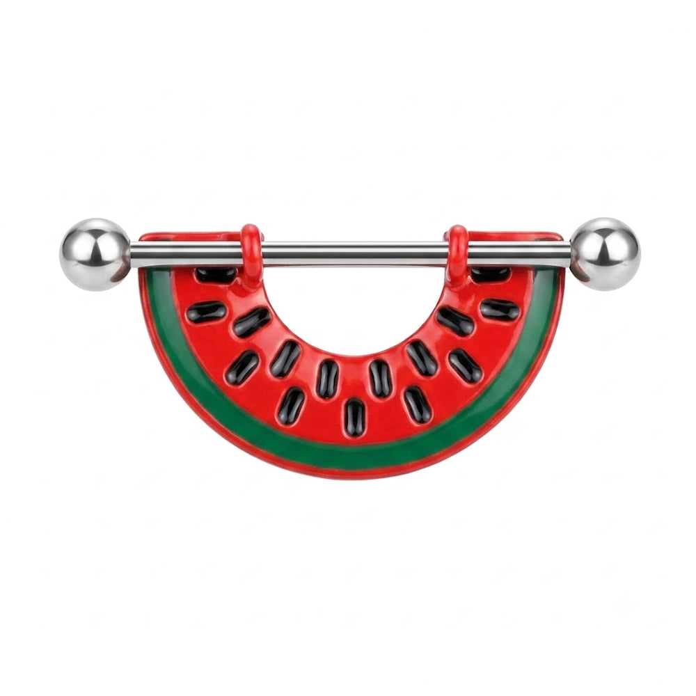 Front view of a fruit watermelon nipple shield featuring a 14G barbell and red green enamel watermelon design.