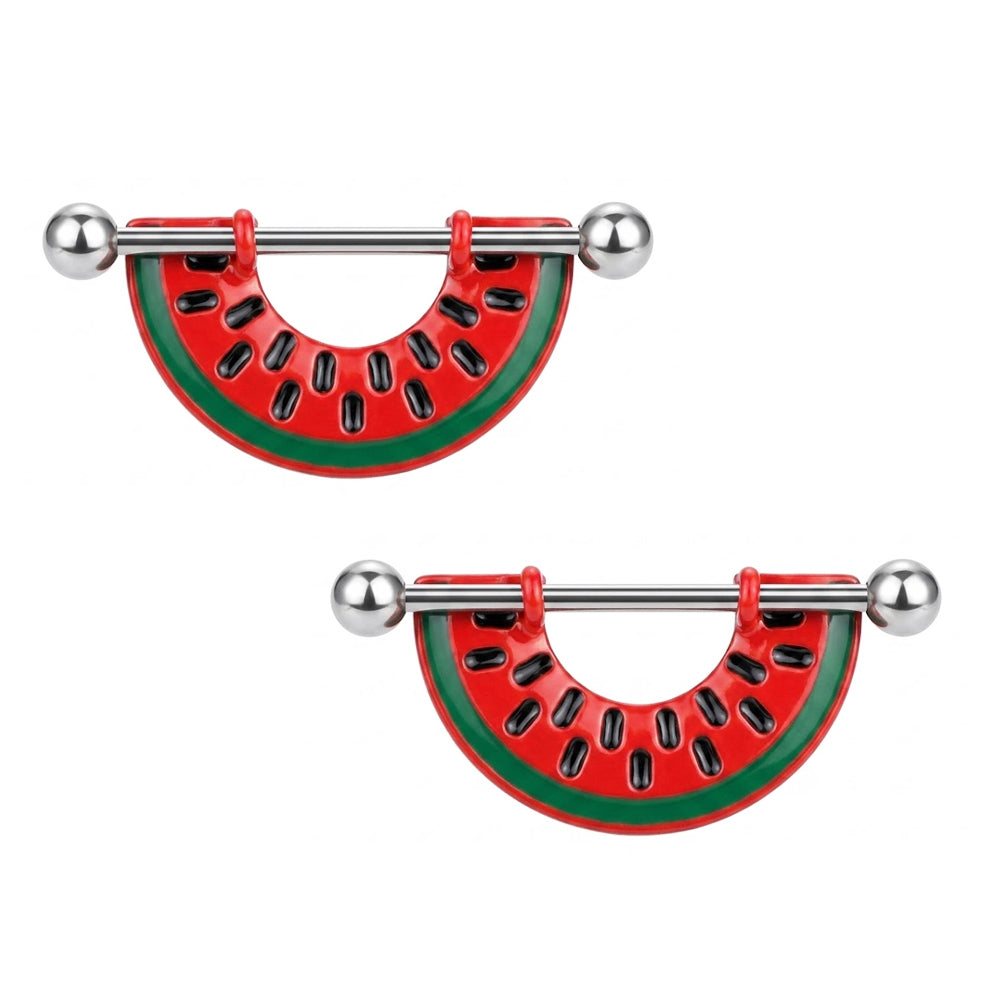 Pair set of two matching watermelon nipple shields with 14G barbells for women body piercing jewelry.