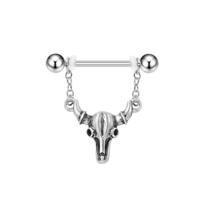 Silver-toned bull skull nipple piercing jewelry with hanging twin chains and adjustable barbell