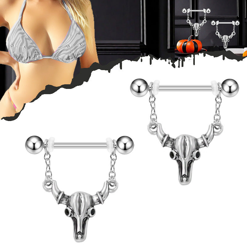 Lifestyle collage showing bull skull nipple rings worn as edgy fashion accessories with a gothic vibe