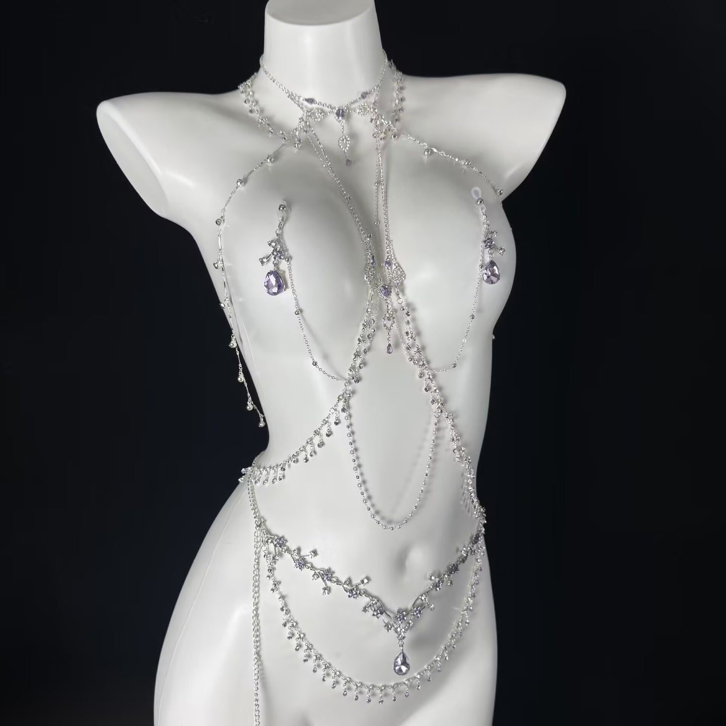 Amethyst Crystal Goth Body Chain Set - Detachable Nipple Clamps & Piercing Jewelry Lingerie Accents