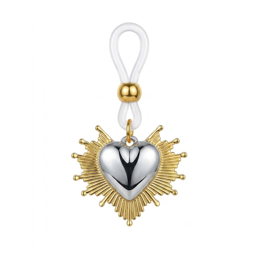 A single non-piercing nipple ring featuring a two-tone silver sacred heart pendant surrounded by a golden sunburst design with an adjustable clear silicone loop.