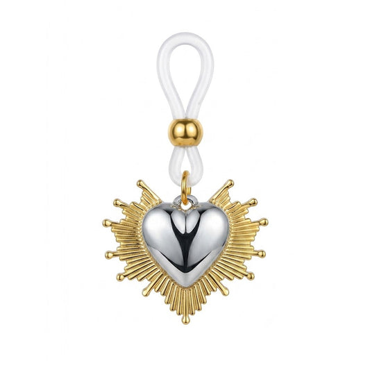 A single non-piercing nipple ring featuring a two-tone silver sacred heart pendant surrounded by a golden sunburst design with an adjustable clear silicone loop.