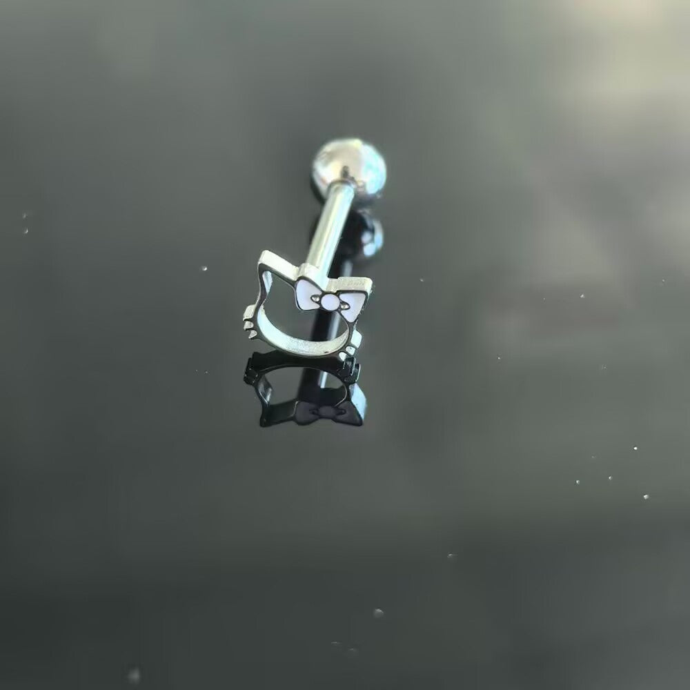 Single kitty silhouette tongue barbell featuring a white enameled bow