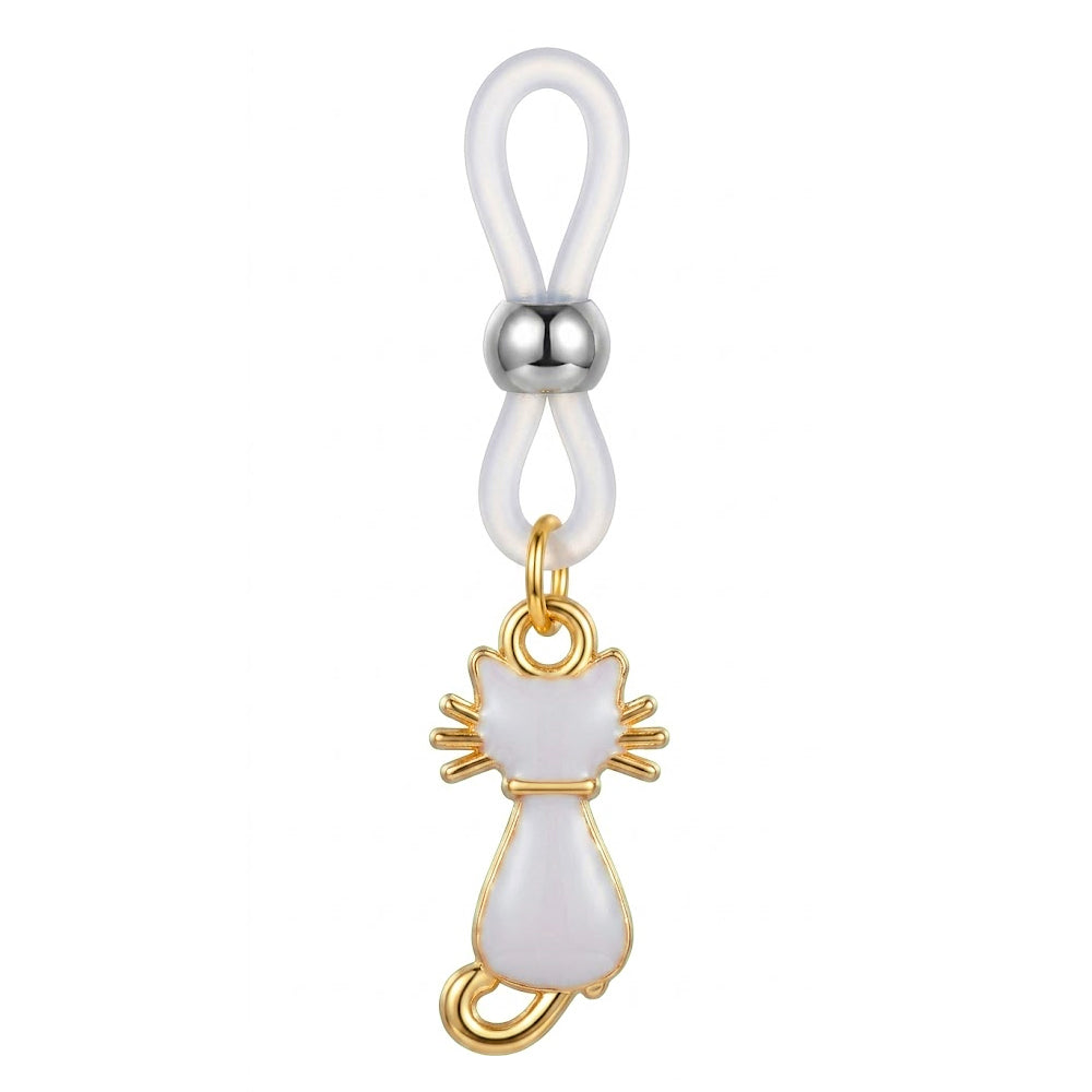 A single white enamel cat pendant on an adjustable transparent loop, designed as non-piercing body jewelry for alternative fashion styles.