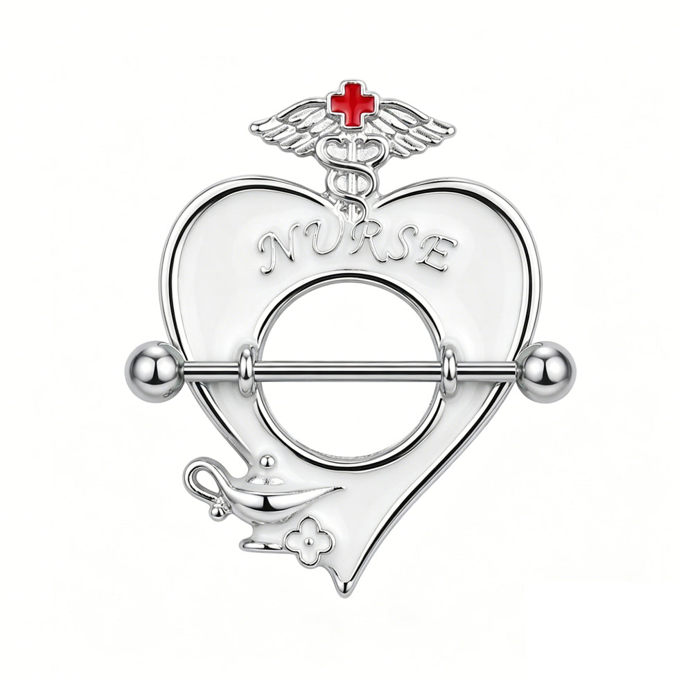 White enamel heart nipple shield with silver medical symbols and "NURSE" text.