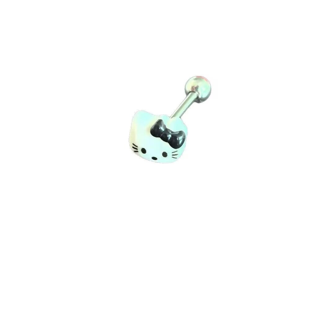 White cute kitty tongue ring barbell with a sleek black bow top isolated design.
