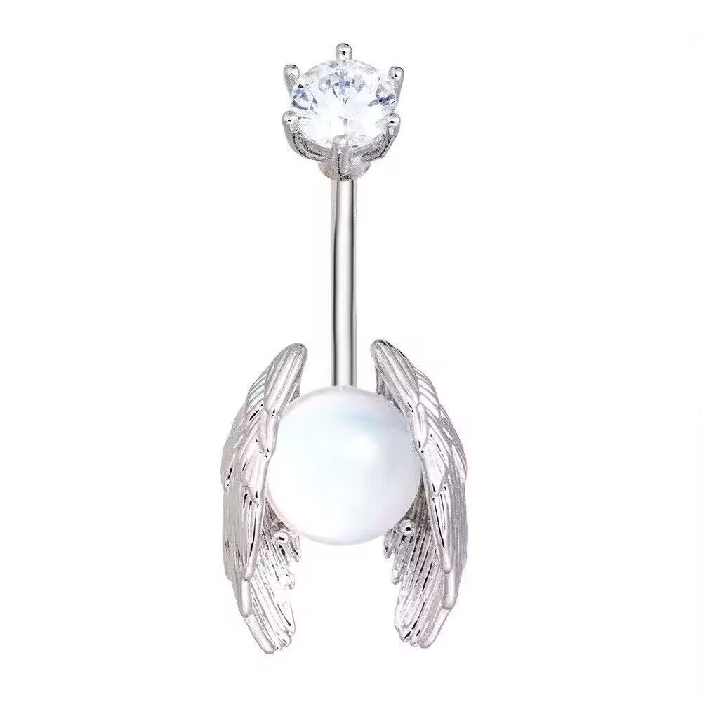 Silver angel wings belly ring cradling a luminous white moonstone style orb