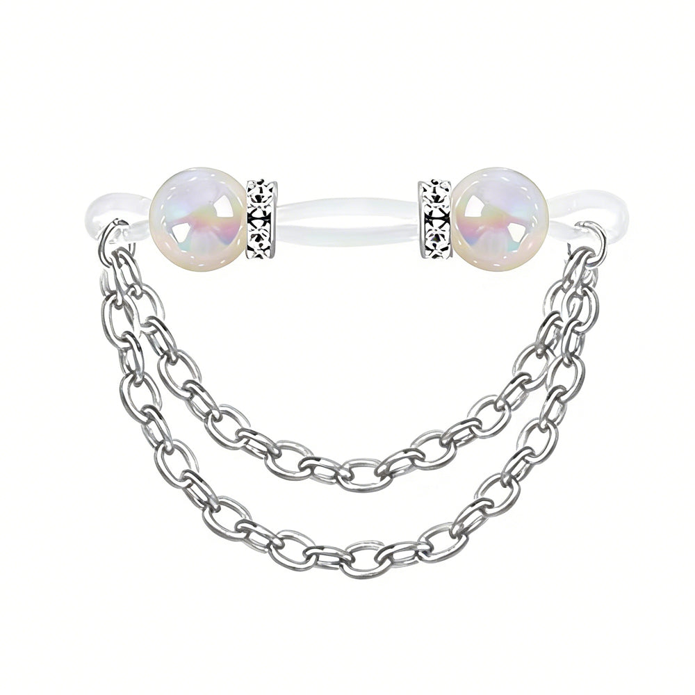 Single non-pierced nipple ring with white iridescent pearls and double silver drape chains on a white background