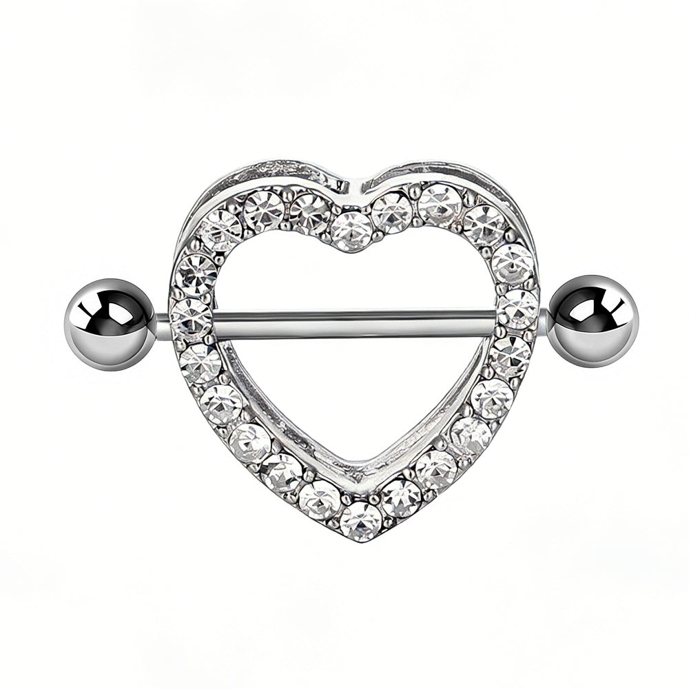 A silver heart-shaped nipple shield jewelry featuring clear sparkling crystals on a white background.