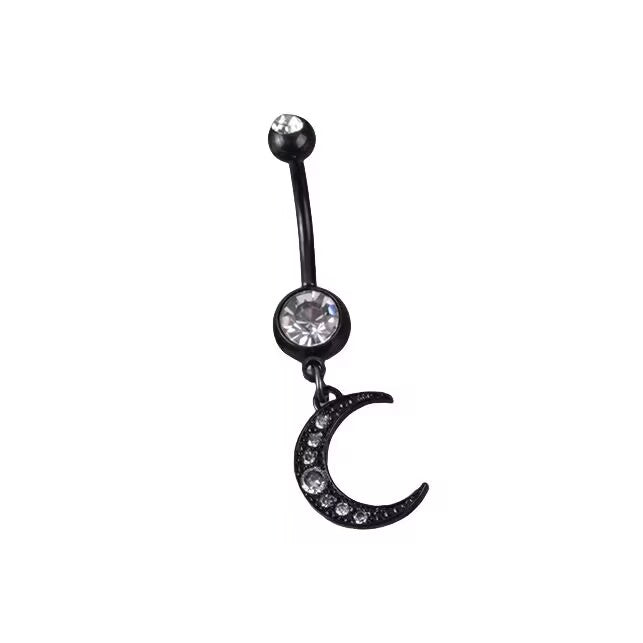 Mystical black crescent moon navel piercing studded with white crystal rhinestones, Whimsigoth alt aesthetic style.