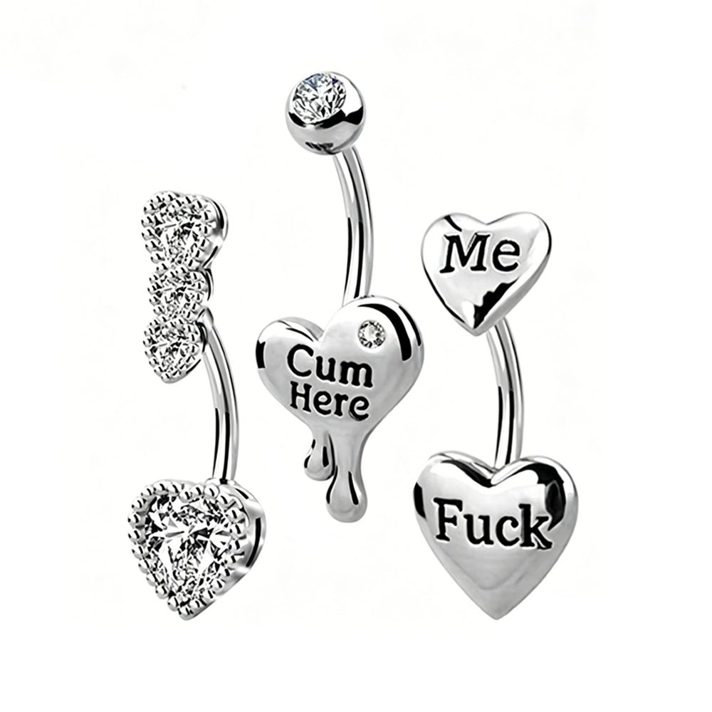 A collection of five curved barbell belly button rings including sparkling rhinestone hearts and metallic melting hearts with bold texts for alternative aesthetic fashion.