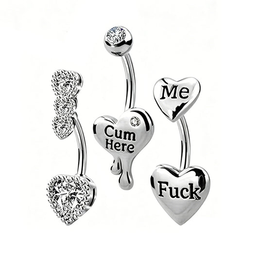 A collection of five curved barbell belly button rings including sparkling rhinestone hearts and metallic melting hearts with bold texts for alternative aesthetic fashion.