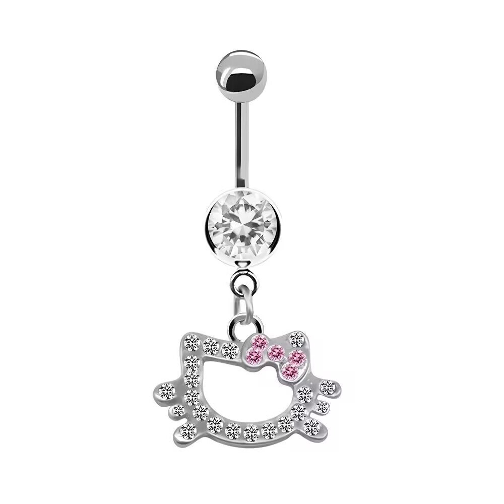 Front view of a curved barbell navel ring with a dangling sparkling kitten silhouette charm featuring a pink crystal bow and a large clear center gem.