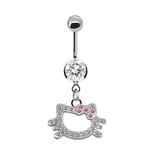 Front view of a curved barbell navel ring with a dangling sparkling kitten silhouette charm featuring a pink crystal bow and a large clear center gem.