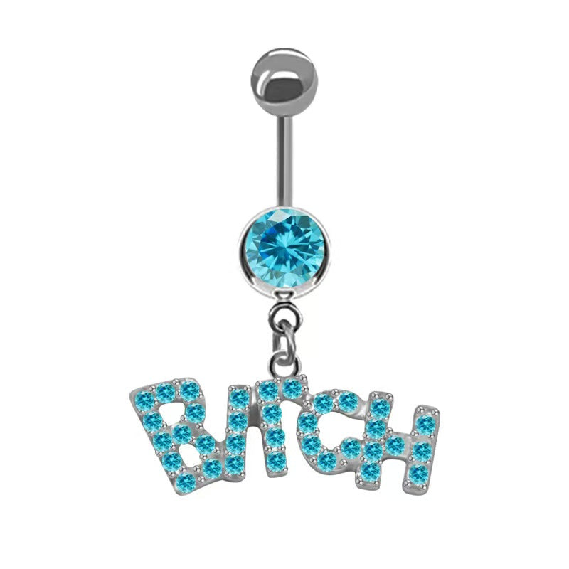 Y2K aesthetic silver belly button ring with a vibrant aqua blue crystal and a dangling blue rhinestone Bitch letter charm.