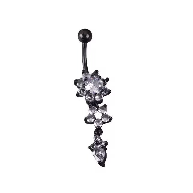Dangling flower tassel belly piercing jewelry in black metal pave set with sparkling white cubic zirconia crystals.