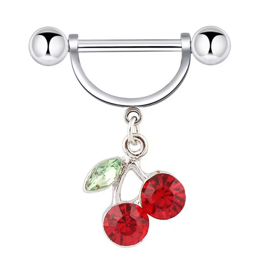 Front view of a 14G cherry nipple ring barbell with red and green crystals on a pure white background.