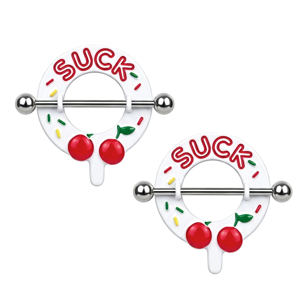 A matching pair of cute Y2K coquette aesthetic cherry SUCK nipple shield barbells for alternative body piercing jewelry collection.