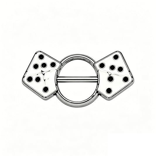 Front view of a polished silver dice nipple shield on a white background.