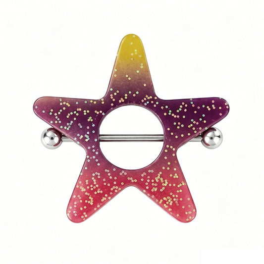 Front view of a Y2K star-shaped nipple shield jewelry featuring a yellow, purple, and red ombre gradient pattern with iridescent glitter flakes and a silver metallic titanium barbell on a pure white background.