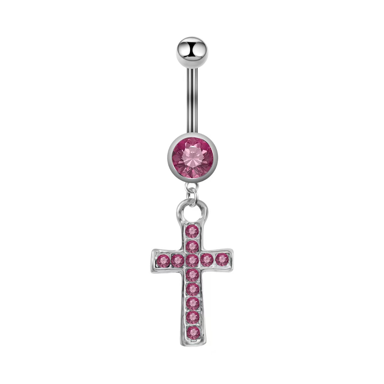 Sparkly pink dangling cross belly button ring for aesthetic Y2K outfits.