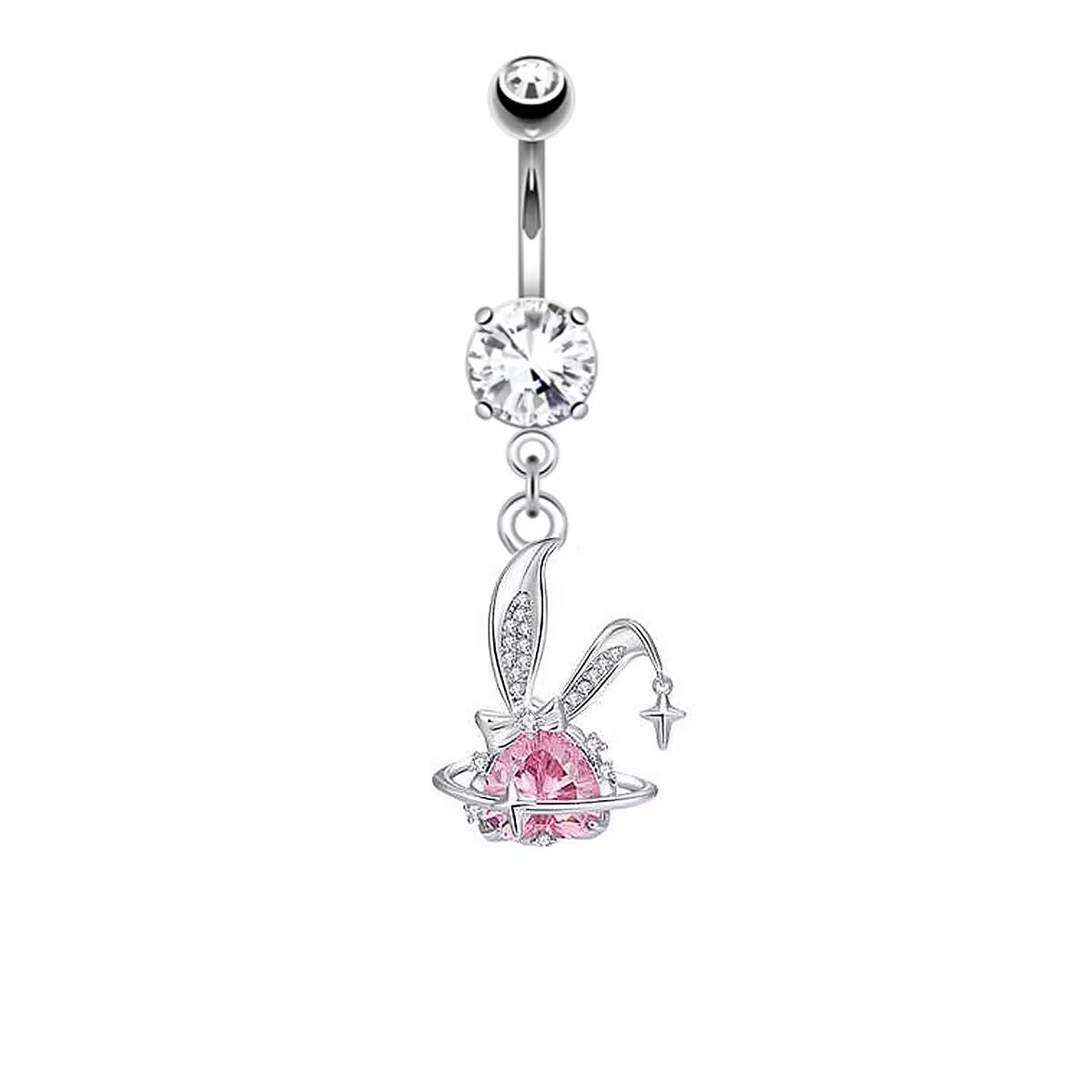 Front view of a silver dangling belly button ring featuring sparkly rhinestone bunny ears and a pink crystal heart planet Saturn charm with a star.