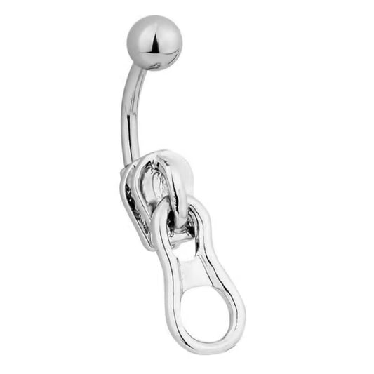 Minimalist silver zipper pull slider navel piercing curved barbell for alternative fashion outfits.