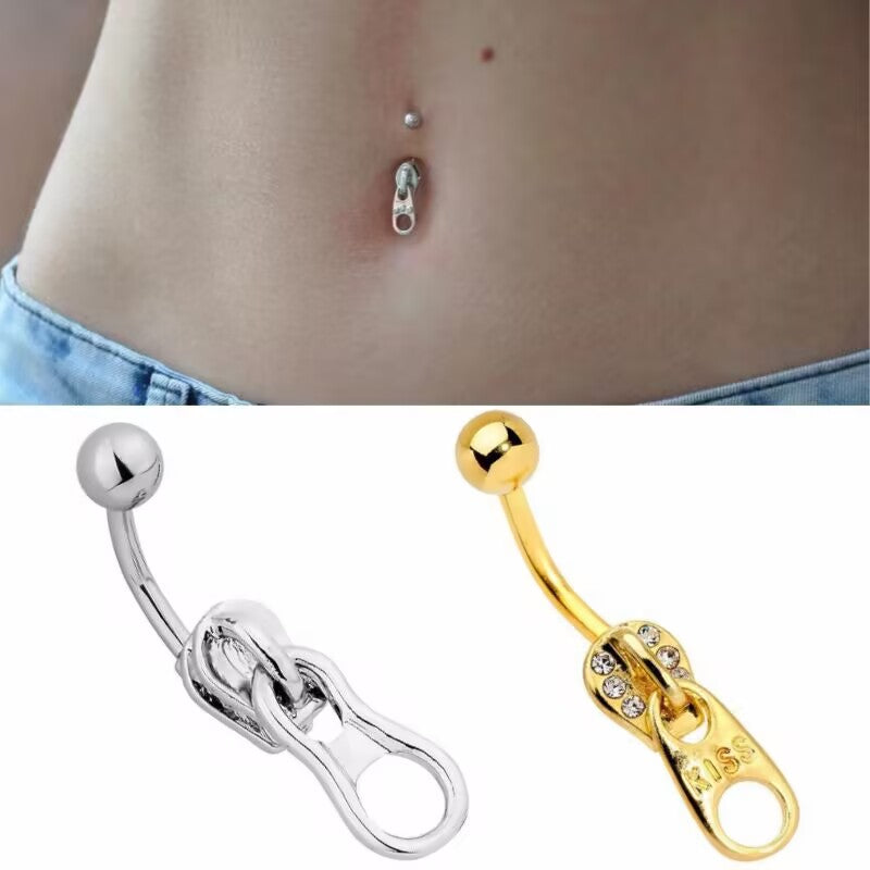Comparison of silver and gold zipper pull belly button rings with an on-model navel piercing display.